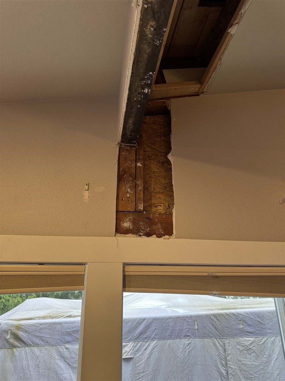 Water-damaged wall opened up for drywall repair in the Greater Seattle area